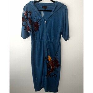 Gramm Vintage Y2K Blue Hooded Zip Front Knit Sweater Dress Koi Fish Graphic L